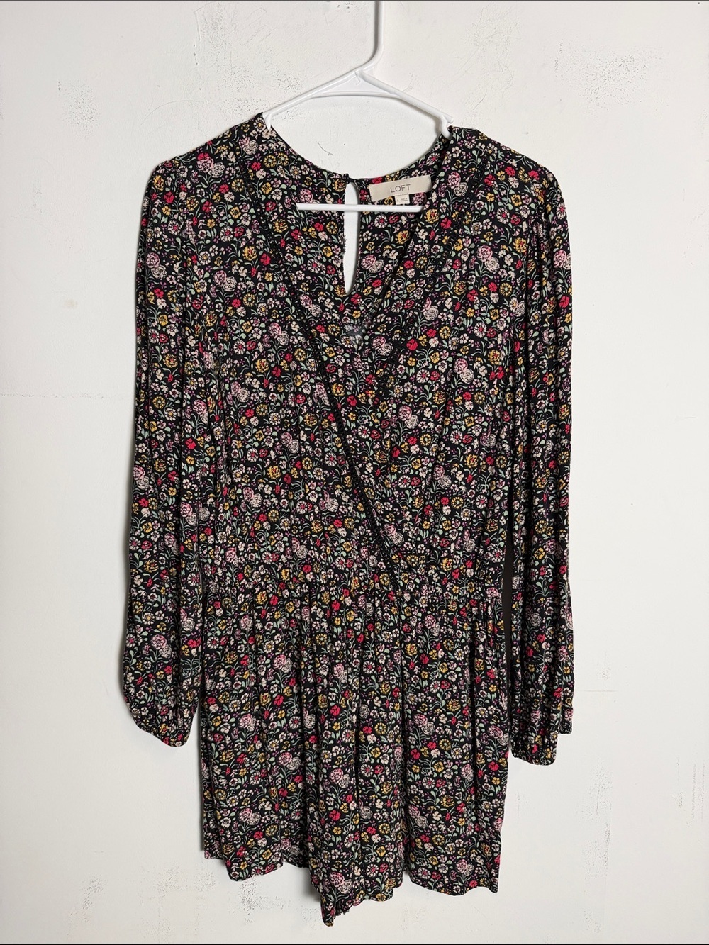 LOFT Black Floral Long-Sleeve Romper